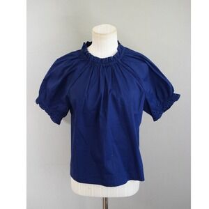Hill House The Kit Top Medium Blue Ruffle Neck Puff Sleeve Cotton Poplin Blouse